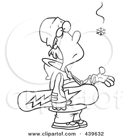 Royalty-Free (RF) Clip Art Illustration of a Cartoon Black And White Outline Design Of An Eager Snowboarder Waiting For Snow by toonaday