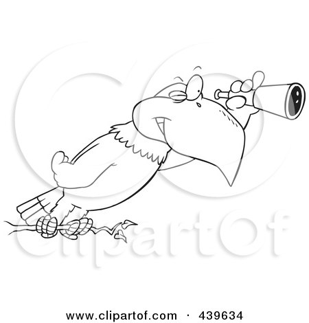 Royalty-Free (RF) Clip Art Illustration of a Cartoon Black And White Outline Design Of An Eagle Using A Telescope by toonaday