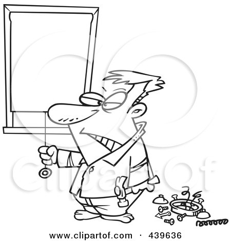 Royalty-Free (RF) Clip Art Illustration of a Cartoon Black And White Outline Design Of A Man Drawing His Shades After Being Woken Up By His Alarm Clock by toonaday