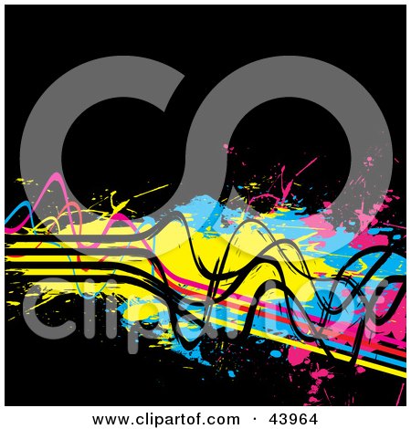 Clipart Illustration of Grungy Blue, Pink, Yellow And Black Wires And Splatters On Black by Arena Creative