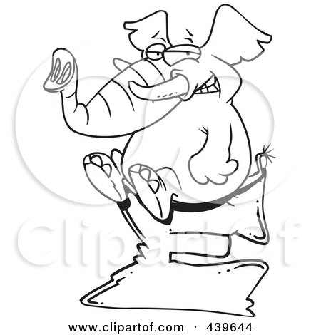 Royalty-Free (RF) Clip Art Illustration of a Cartoon Black And White Outline Design Of An Elephant Sitting On A Letter E by toonaday