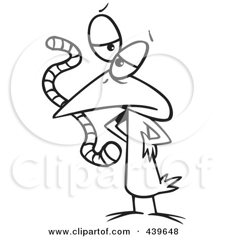 Royalty-Free (RF) Clip Art Illustration of a Cartoon Black And White Outline Design Of A Bird Eating A Worm by toonaday