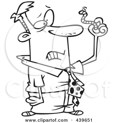 Royalty-Free (RF) Clip Art Illustration of a Cartoon Black And White Outline Design Of A Businessman Holding Up A Worm by toonaday