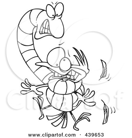 Royalty-Free (RF) Clip Art Illustration of a Cartoon Black And White Outline Design Of A Big Worm Strangling A Bird by toonaday