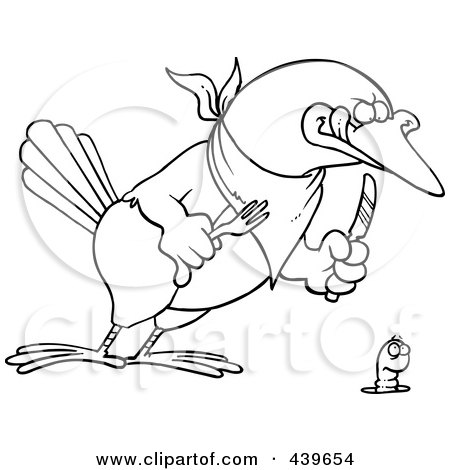 Royalty-Free (RF) Clip Art Illustration of a Cartoon Black And White Outline Design Of A Big Bird Ready To Dine On A Worm by toonaday