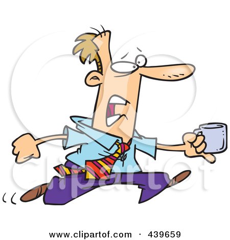 Royalty-Free (RF) Clip Art Illustration of a Cartoon Businessman Running With A Cup Of Coffee by toonaday