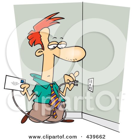 Royalty-Free (RF) Clip Art Illustration of a Cartoon Businessman Plugging A Letter Into An Electrical Socket by toonaday