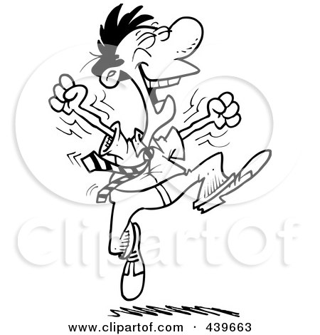 Royalty-Free (RF) Clip Art Illustration of a Cartoon Black And White Outline Design Of An Energetic Businessman Jumping by toonaday