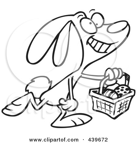 Royalty-Free (RF) Clip Art Illustration of a Cartoon Black And White Outline Design Of A Happy Easter Bunny Carrying A Basket by toonaday