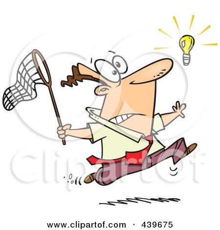 Royalty-Free (RF) Clip Art Illustration of a Cartoon Businessman Chasing An Elusive Idea With A Net by toonaday