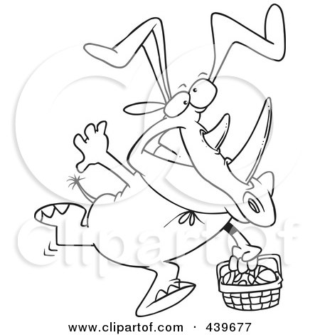 Royalty-Free (RF) Clip Art Illustration of a Cartoon Black And White Outline Design Of An Easter Rhino Wearing Bunny Ears And Carrying A Basket by toonaday