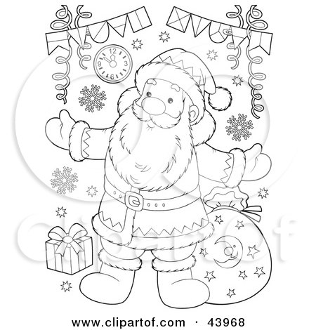Clipart Illustration of a Black And White Santa Claus With A Toy Sack Coloring Page by Alex Bannykh