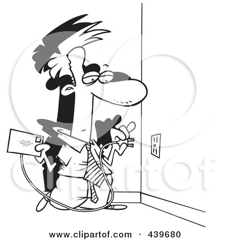 Royalty-Free (RF) Clip Art Illustration of a Cartoon Black And White Outline Design Of A Businessman Plugging A Letter Into An Electrical Socket by toonaday