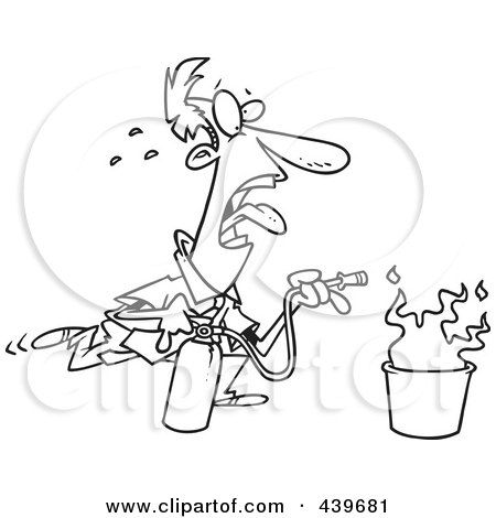 Royalty-Free (RF) Clip Art Illustration of a Cartoon Black And White Outline Design Of A Businessman Extinguishing A Fire by toonaday