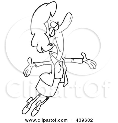 Royalty-Free (RF) Clip Art Illustration of a Cartoon Black And White Outline Design Of A Businesswoman Jumping Happily by toonaday