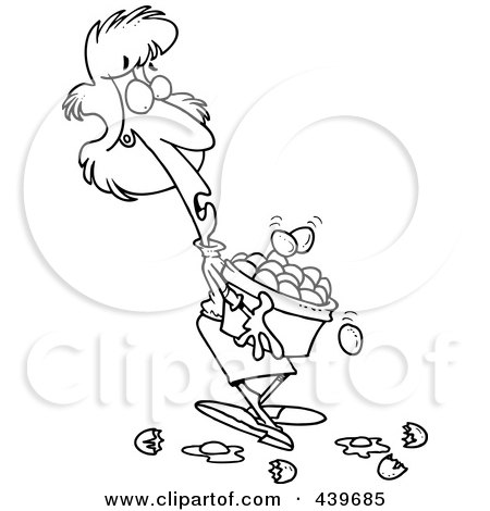 Royalty-Free (RF) Clip Art Illustration of a Cartoon Black And White Outline Design Of A Woman Carrying Eggs In A Basket by toonaday