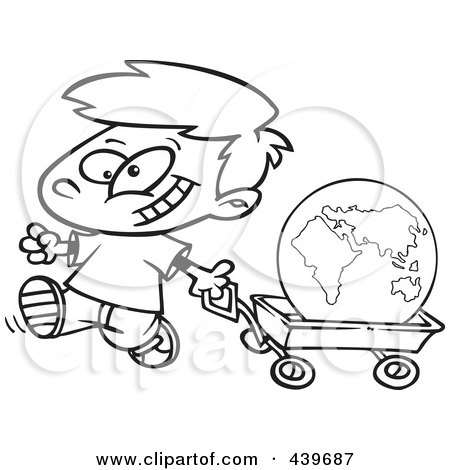 Royalty-Free (RF) Clip Art Illustration of a Cartoon Black And White Outline Design Of A Happy Boy Pulling The Globe In A Wagon by toonaday