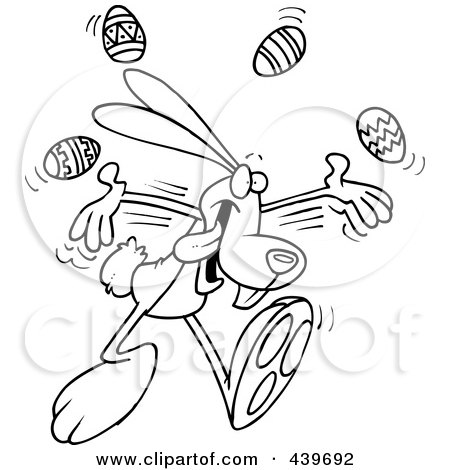 Royalty-Free (RF) Clip Art Illustration of a Cartoon Black And White Outline Design Of A Bunny Juggling Easter Eggs by toonaday