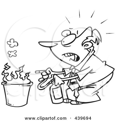Royalty-Free (RF) Clip Art Illustration of a Cartoon Black And White Outline Design Of A Businessman Putting Out A Fire by toonaday