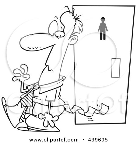 Royalty-Free (RF) Clip Art Illustration of a Cartoon Black And White Outline Design Of An Embarrassed Businessman With Toilet Paper Stuck To His Pants by toonaday