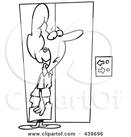 Royalty-Free (RF) Clip Art Illustration of a Cartoon Black And White Outline Design Of A Confused Businesswoman Waiting For An Elevator by toonaday