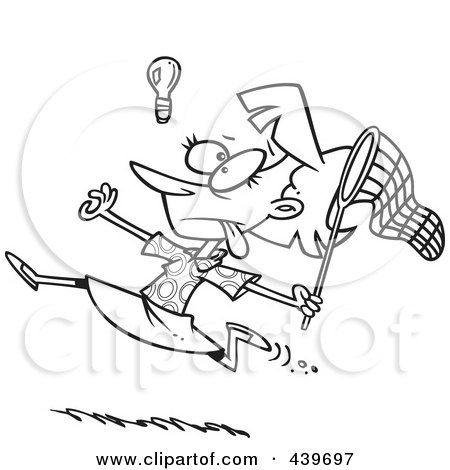 Royalty-Free (RF) Clip Art Illustration of a Cartoon Black And White Outline Design Of A Businesswoman Chasing An Elusive Idea With A Net by toonaday