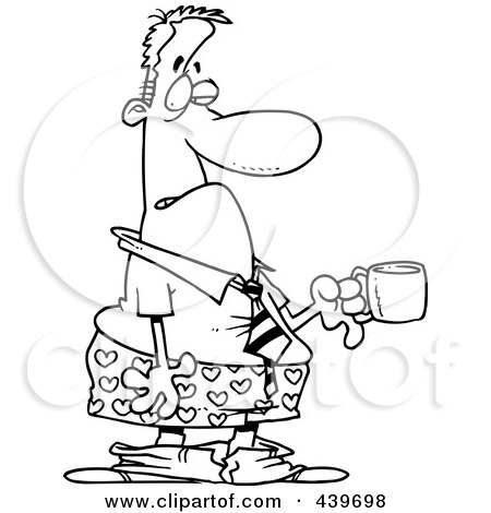 Royalty-Free (RF) Clip Art Illustration of a Cartoon Black And White Outline Design Of A Businessman In Boxers, Holding A Cup Of Coffee by toonaday