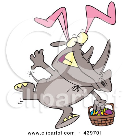 Royalty-Free (RF) Clip Art Illustration of a Cartoon Easter Rhino Wearing Bunny Ears And Carrying A Basket by toonaday