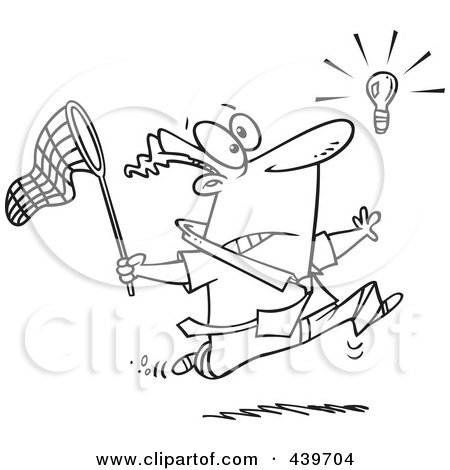 Royalty-Free (RF) Clip Art Illustration of a Cartoon Black And White Outline Design Of A Businessman Chasing An Elusive Idea With A Net by toonaday