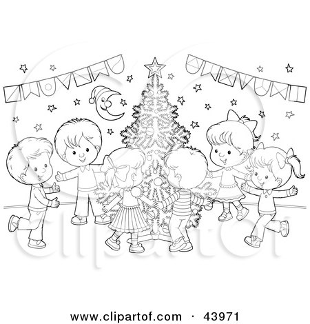 Clipart Illustration of a Black And White Children Dancing Around A Christmas Tree Coloring Page by Alex Bannykh