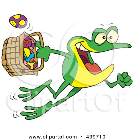 Royalty-Free (RF) Clip Art Illustration of a Cartoon Frog Hopping With A Basket Of Easter Eggs by toonaday