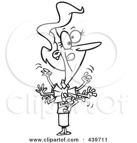 Royalty-Free (RF) Clip Art Illustration of a Cartoon Black And White Outline Design Of A Businesswoman Explaining And Gesturing With Her Hands by toonaday