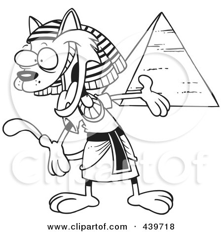 Royalty-Free (RF) Clip Art Illustration of a Cartoon Black And White Outline Design Of An Egyptian Cat Presenting A Pyramid by toonaday