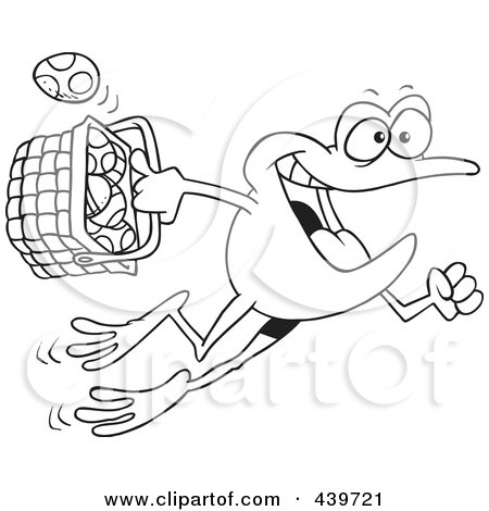 Royalty-Free (RF) Clip Art Illustration of a Cartoon Black And White Outline Design Of A Frog Hopping With A Basket Of Easter Eggs by toonaday