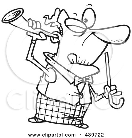 Royalty-Free (RF) Clip Art Illustration of a Cartoon Black And White Outline Design Of An Old Man Holding A Trumpet Up To His Ear by toonaday