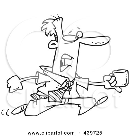 Royalty-Free (RF) Clip Art Illustration of a Cartoon Black And White Outline Design Of A Businessman Running With A Cup Of Coffee by toonaday