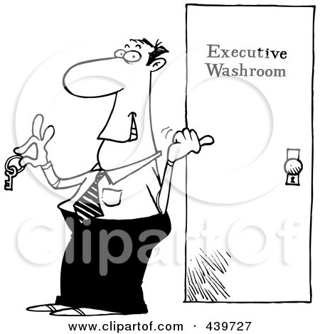 Royalty-Free (RF) Clip Art Illustration of a Cartoon Black And White Outline Design Of A Businessman Holding The Key To An Executive Washroom by toonaday