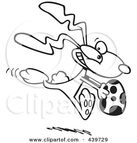 Royalty-Free (RF) Clip Art Illustration of a Cartoon Black And White Outline Design Of A Bunny Running With An Easter Egg by toonaday