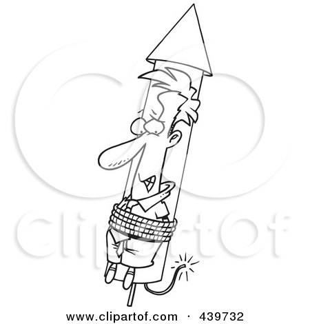 Royalty-Free (RF) Clip Art Illustration of a Cartoon Black And White Outline Design Of A Businessman Shooting Off With A Rocket by toonaday