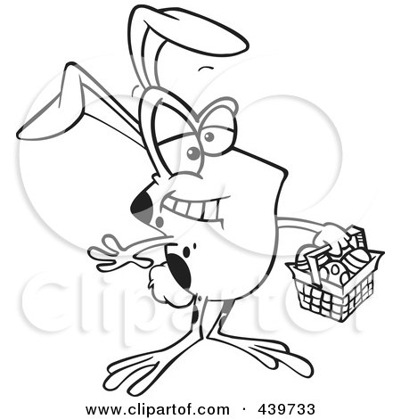 Royalty-Free (RF) Clip Art Illustration of a Cartoon Black And White Outline Design Of A Frog Wearing Bunny Ears And Carrying An Easter Basket by toonaday
