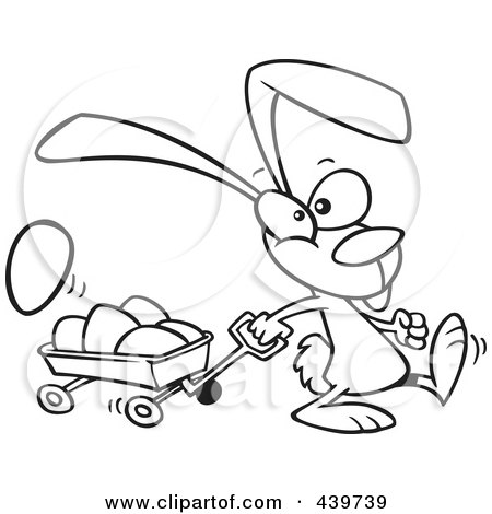 Royalty-Free (RF) Clip Art Illustration of a Cartoon Black And White Outline Design Of A Bunny Pulling A Wagon Of Easter Eggs by toonaday