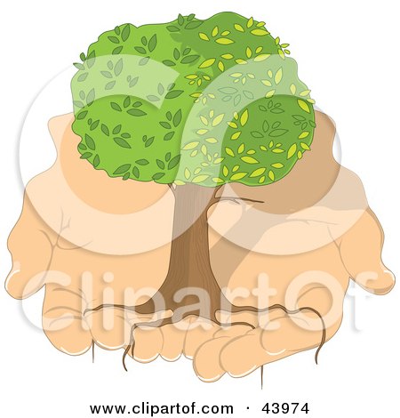 Clipart Illustration of a Healthy Tree With Long Roots Being Held In A Man's Hands by Maria Bell