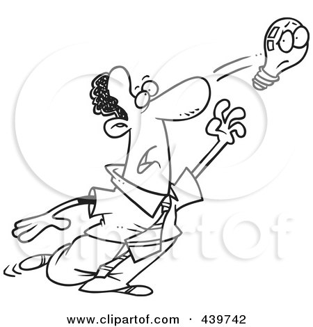 Royalty-Free (RF) Clip Art Illustration of a Cartoon Black And White Outline Design Of A Black Businessman Reaching For An Elusive Idea by toonaday