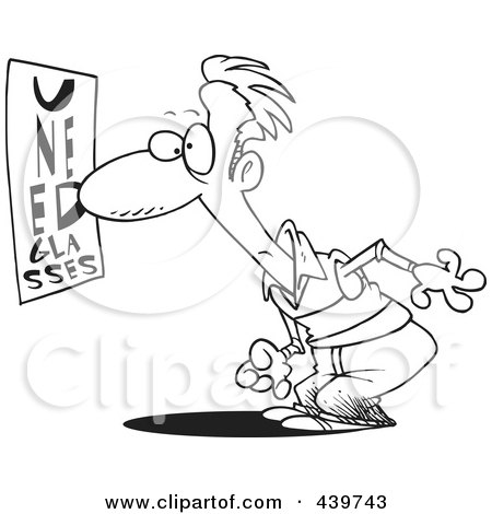 Royalty-Free (RF) Clip Art Illustration of a Cartoon Black And White Outline Design Of A Man Trying To Read An Eye Chart by toonaday