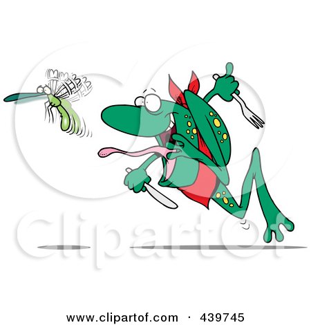Royalty-Free (RF) Clip Art Illustration of a Cartoon Frog Chasing A Bug With A Fork And Knife by toonaday
