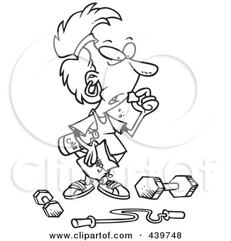 Royalty-Free (RF) Clip Art Illustration of a Cartoon Black And White Outline Design Of A Woman Pigging Out Instead  Of Exercising by toonaday