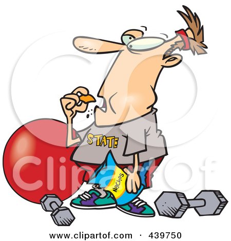 Royalty-Free (RF) Clip Art Illustration of a Cartoon Man Bingeing Instead Of Exercising by toonaday