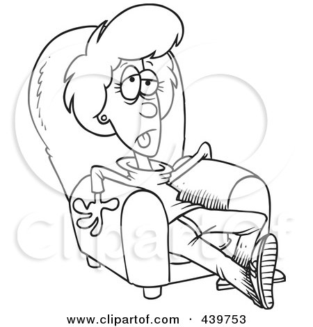 Royalty-Free (RF) Clip Art Illustration of a Cartoon Black And White Outline Design Of An Exhausted Woman Sitting In An Arm Chair by toonaday