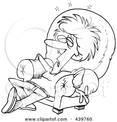 Royalty-Free (RF) Clip Art Illustration of a Cartoon Black And White Outline Design Of An Exhausted Woman In An Arm Chair by toonaday