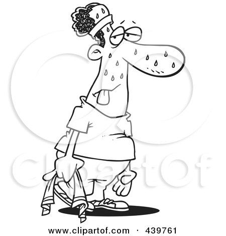 Royalty-Free (RF) Clip Art Illustration of a Cartoon Black And White Outline Design Of A Sweaty, Exhausted Man After A Work Out by toonaday